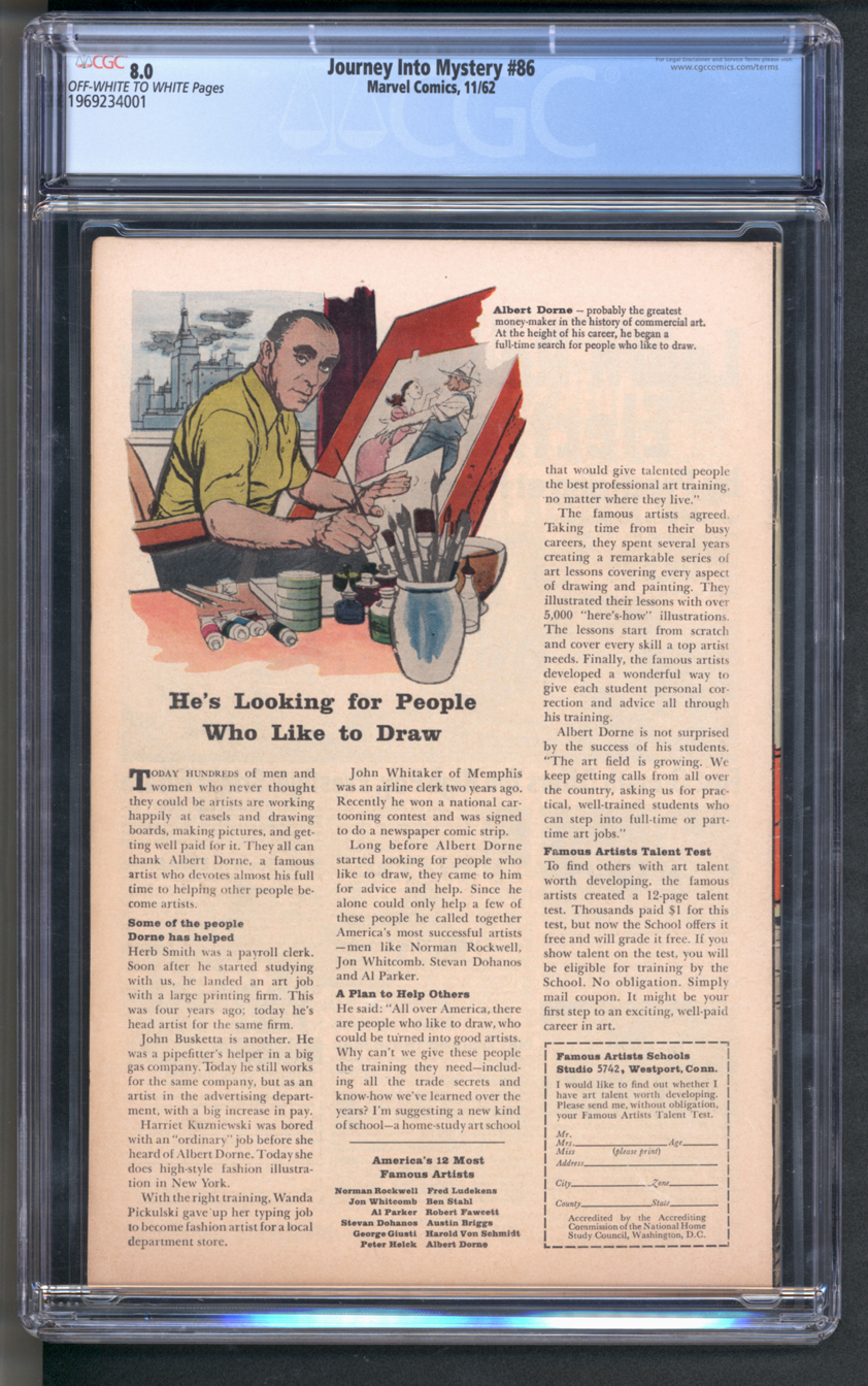 Journey Into Mystery (Thor) #86 CGC 8.0 Back Cover