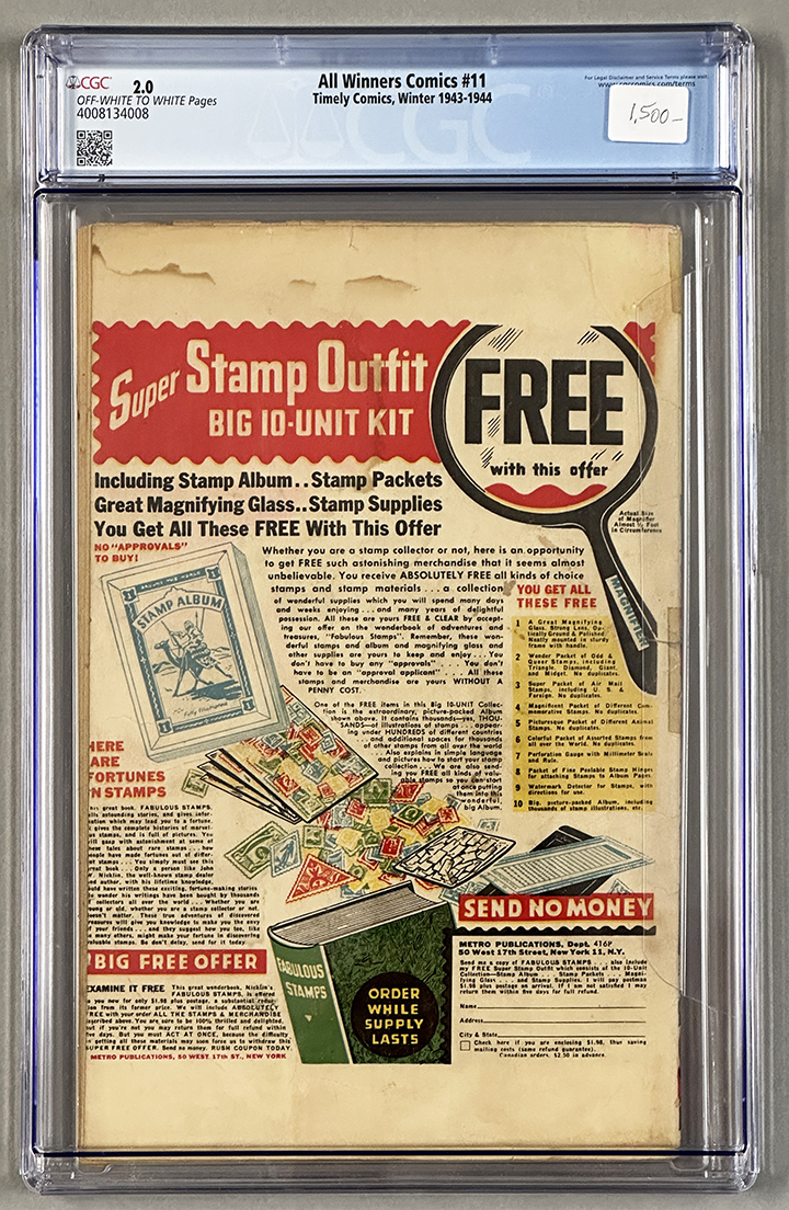 All Winners Comics #11 CGC 2.0 Back Cover