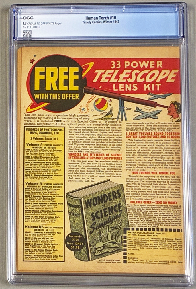 Human Torch (Golden Age) #10 CGC 5.5 Back Cover