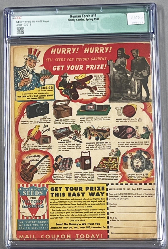 Human Torch (Golden Age) #11 CGC 3.0 Back Cover