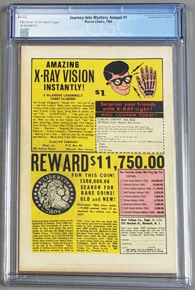 Journey Into Mystery Annual #1 CGC 7.5 Back Cover