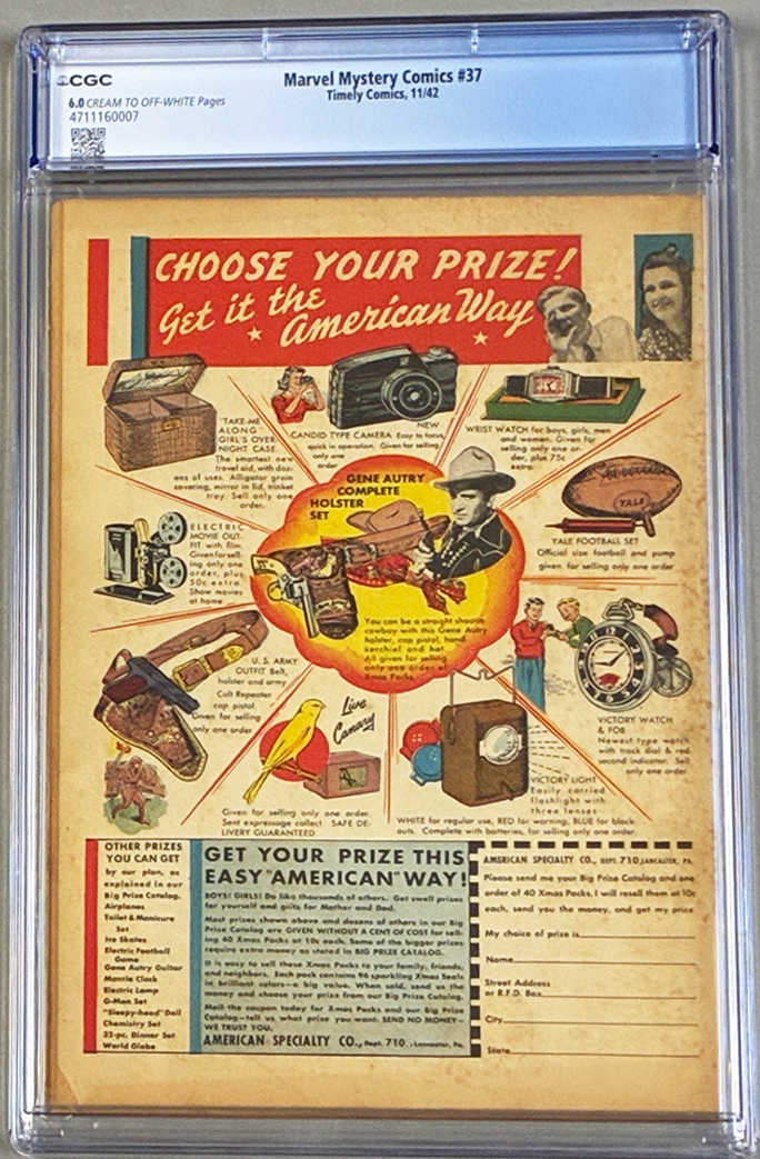Marvel Mystery Comics #37 CGC 6.0 Back Cover