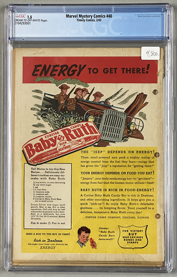 Marvel Mystery Comics #40 CGC 1.5 Back Cover