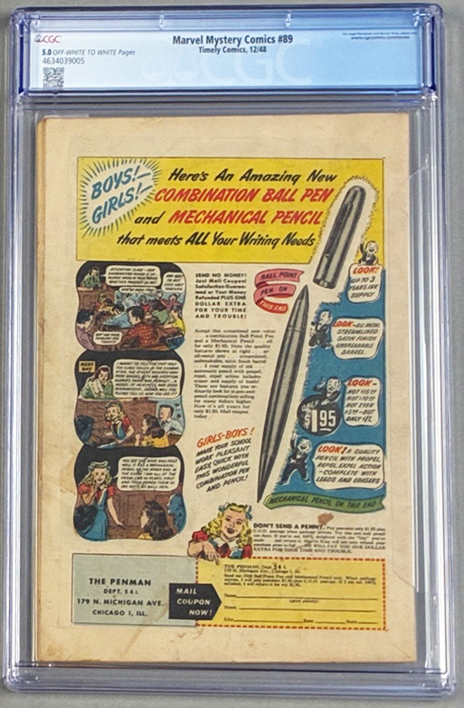Marvel Mystery Comics #89 CGC 5.0 Back Cover