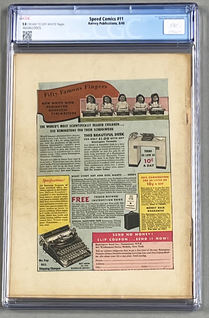 Speed Comics #11 CGC 2.0 Back Cover
