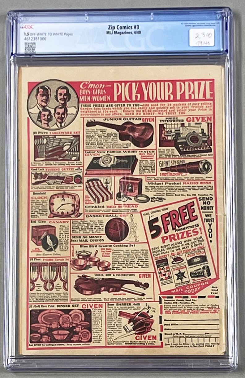 Zip Comics #3 CGC 1.5 Back Cover